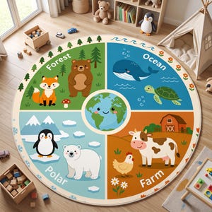 May include: A circular area rug featuring four quadrants labeled Forest, Ocean, Polar, and Farm. Each section displays cartoon animals and environments, including a bear, fox, whale, turtle, penguin, polar bear, cow, and chicken, with a central globe.