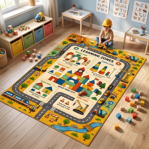 May include: A rectangular yellow play rug featuring a Learning Zones design with a road track, a train, construction vehicles, and labeled sections for building shapes, towers, houses, and roads, with colorful illustrations of blocks and trees.