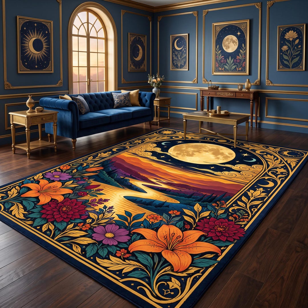 Moon Patterned Rugs Celestial Moon Rug, Floral Landscape Rug, Boho Nature Rug, Mystical ...