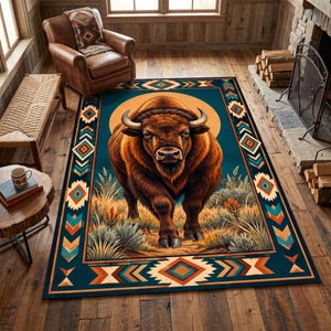 May include: A rectangular area rug featuring a central illustration of a brown bison standing in a grassy field against a circular orange sun. The rug is framed by a dark teal border decorated with geometric patterns in orange, blue, and white.