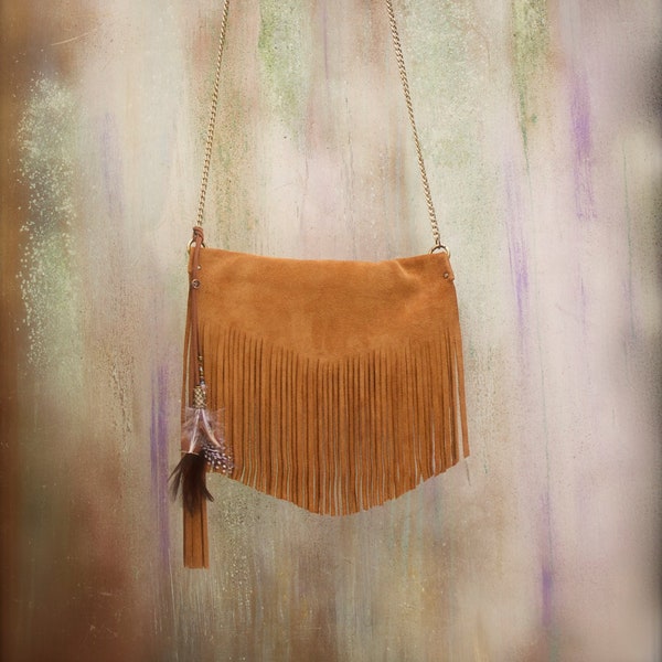 fringe suede bag, leather crossbody, suede boho bag, fringe clutch