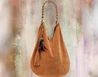 SAC HOBO en cuir souple italien, sac à bandoulière en daim cognac Made in Italy