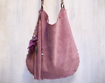 LEATHER hobo bag with studs, soft suede shoulder bag made in Italy