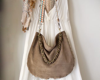 leather crossbody hobo bag, camel studded handbag Made in Italy