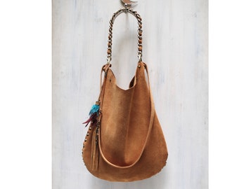 leather hobo bag, studded handbag, suede crossbody bag, cognac suede boho bag