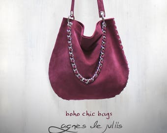 Burgundy leather bag, studded handbag, suede crossbody hobo bag, suede leather shoulder bag, boho bag agnès de juliis