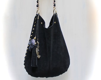 Suede Boho BAG, black shoulder bag, leather hobo bag, soft leather hand bag agnès de juliis