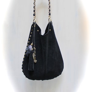 Wildleder Boho Tasche, schwarze Umhängetasche, Hobo Tasche aus Leder, Handtasche aus weichem Leder agnès de juliis