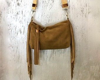 Crossbody Fringed Bag Cognac Leather Bag Made in Italy 