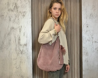 Hobo bag with studs and charms , SMALL , mauve italian leather handbag