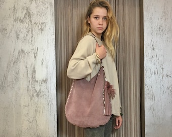 LEATHER hobo bag with studs, dark  pink suede shoulder bag , Hand made in Italy