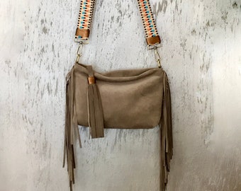 crossbody fringed bag with colorful strap, camel leather bag, made in Italy