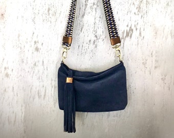 crossbody suede bag with colorful strap, blue leather bag made in Italy