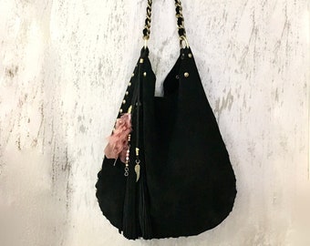 LEATHER HOBO BAG, black shoulder bag, suede boho bag, soft leather hand bag agnès de juliis