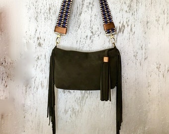 fringed bag with colorful strap, brown leather bag made in Italy