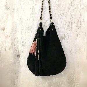 LEATHER HOBO BAG, black shoulder bag, suede boho bag, soft leather hand bag agnès de juliis