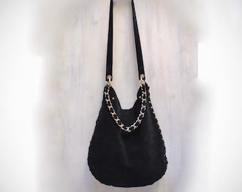 leather suede hobo bag, black studded crossbody bag