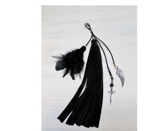 long charm tassel bag, leather and feather charms, customizable charm bag, gift for her