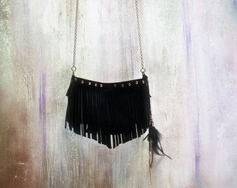 fringed mini bag, black leather bag