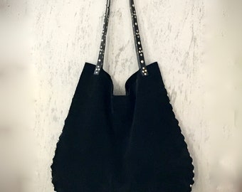 studded oversize bag, suede leather hobo  bag