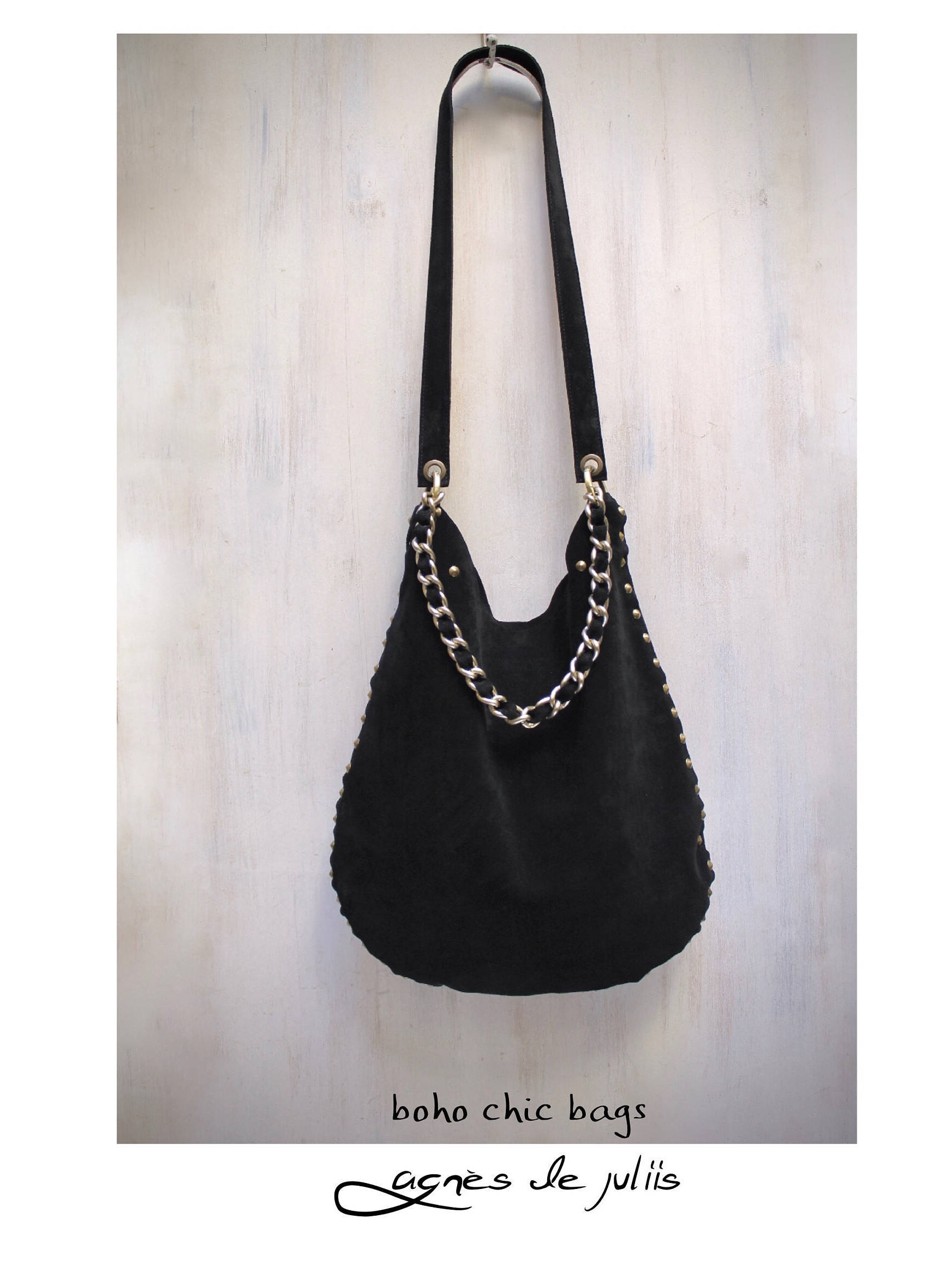 leather hobo bag studded handbag suede crossbody bag black | Etsy