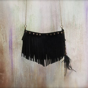 borsetta con frange camoscio nero, mini borsa