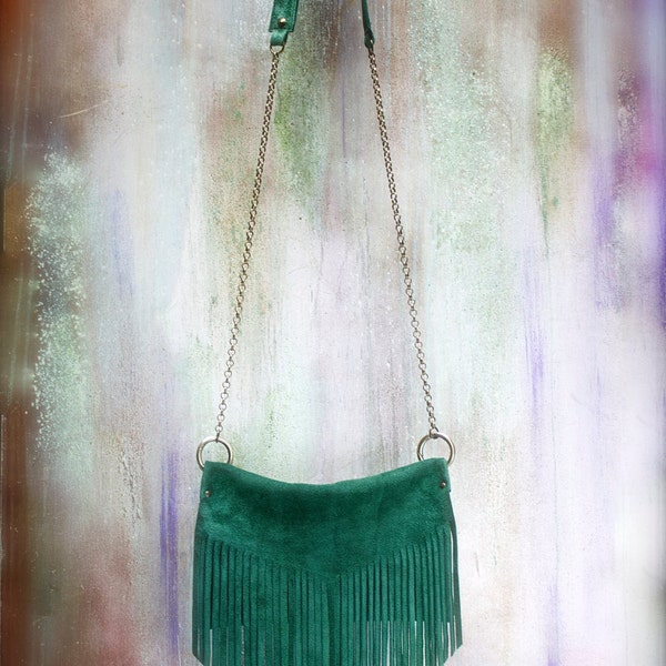 SALE fringe bag, leather crossbody, green suede boho bag,  fringed clutch