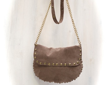 small studded hobo bag, camel suede crossbody bag