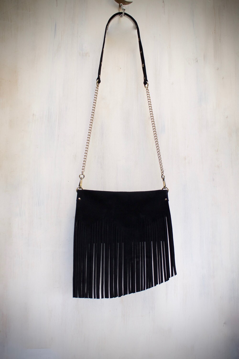 black suede fringe bag