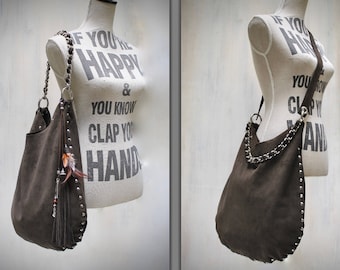 leather studded hobo bag with double handle, suede crossbody / shouder bag, Made in Italy