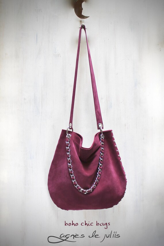 Burgundy Leather Bag, Studded Handbag, Suede Crossbody Hobo