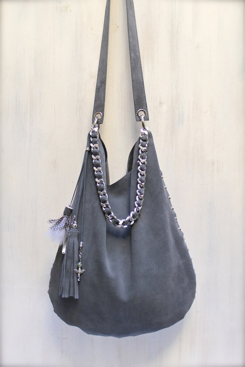 grey suede hobo bag