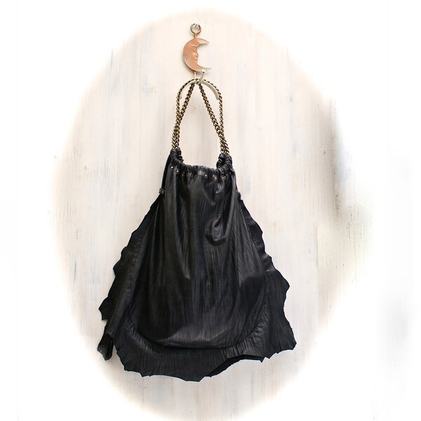 large black leather tote, soft italian leather hand bag, boho bag with chain