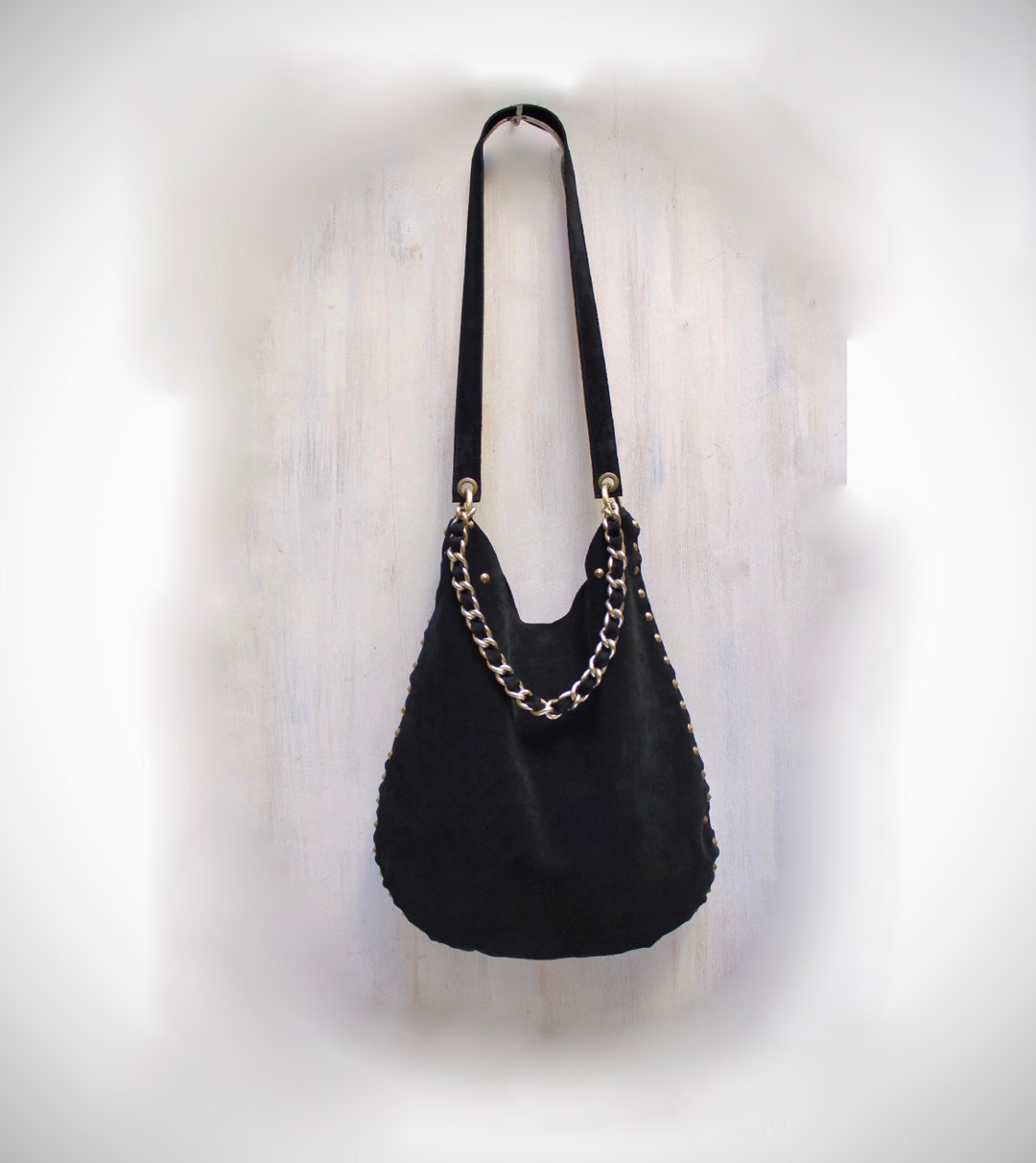 Handcrafted Black Leather Hobo-Style Boho Chic Shoulder Bag