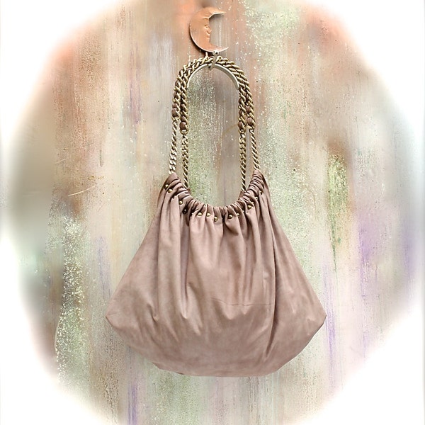 leather hobo bag, soft italian leather bag, tote bags with chain, beige blush leather