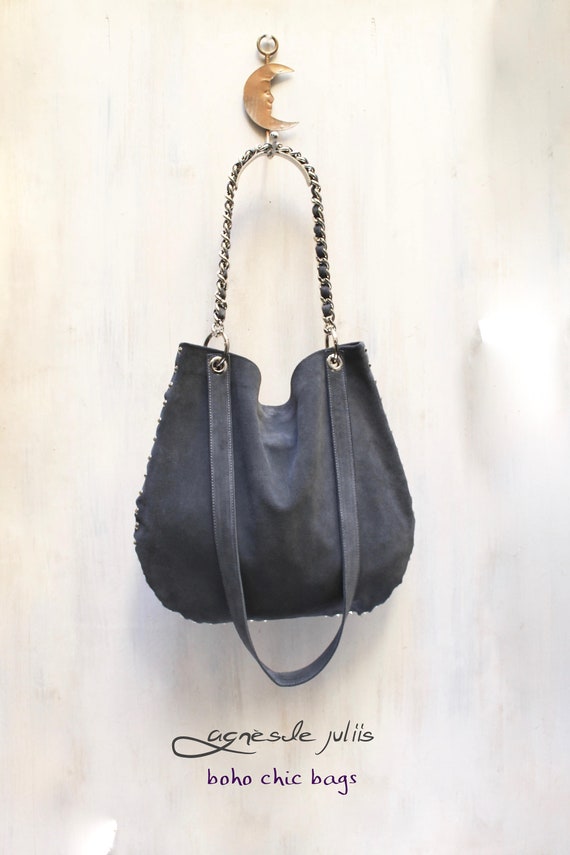 Leather Hobo Bag Studded Handbag Gray Suede Crossbody Bag Large