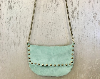 teal small suede leather bag, Made in Italy