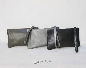 Clutch de cuero, pochette hecho a mano, embrague pequeño con correa de muñeca