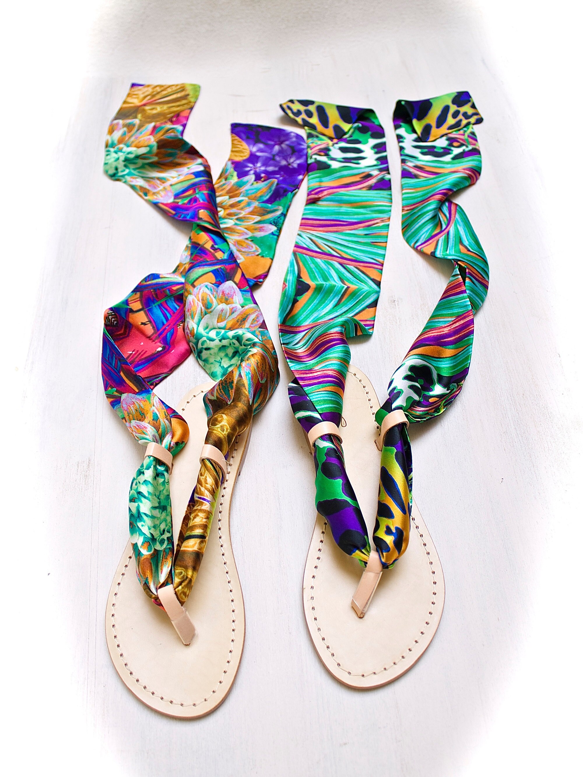 leather silk sandals italian scarf sandals lace up sandal Etsy