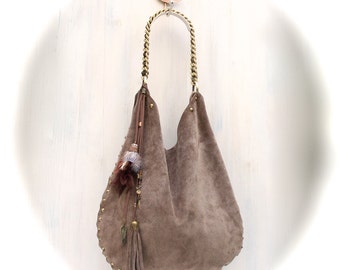 LEATHER ITALIAN hobo bag, bag with studs and chain