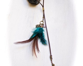 charms bag, turquoise brown feather tassel, minimal zipper charms,