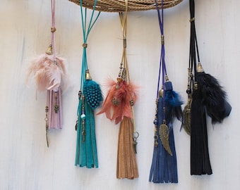 Bag CHARM CUSTOMIZED charm tassel, feather leather charms bags ,  zipper charm