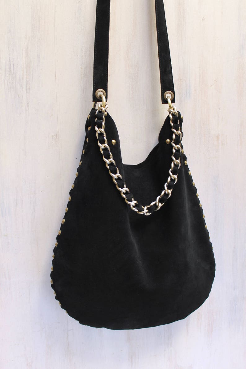 Leather suede hobo bag black studded crossbody bag | Etsy