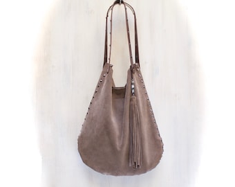 leather hobo bag with studs, camel suede bag, italian fashion bags