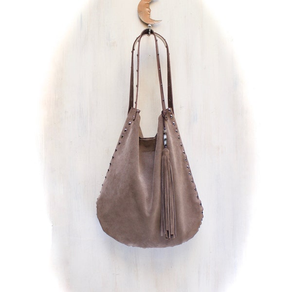 leather hobo bag with studs, camel suede bag, italian fashion bags