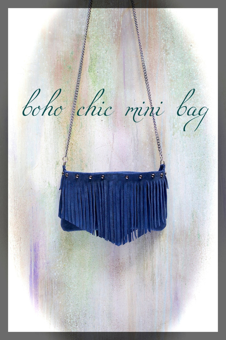 mini fringed bag, small leather crossbody, blue purse, boho chic bags 