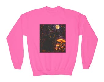 Witch Cat with Mushrooms Youth Sweatshirt | Halloween Moonlit Design