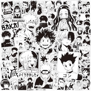 May include: A collection of black and white anime stickers featuring various manga characters, including Bakugou, Nezuko, and Naruto. The collage includes text elements like BAKUGOU, BAKA, and Japanese characters, showcasing diverse facial expressions.