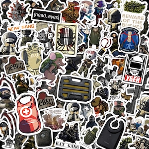 May include: A collection of assorted vinyl stickers featuring various characters, tactical gear, and game-themed graphics. Designs include a red medical pouch, a yellow and black case, a mouse character, and text such as Scav Gang and Beware of the Bushes.