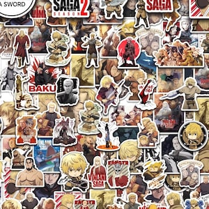 Op de afbeelding: Een verzameling Vinland Saga-stickers met diverse anime-personages, gevechtsscènes en serielogo's. De stickers tonen uiteenlopende illustraties van krijgers, chibi-figuren en tekstelementen waaronder Vinland Saga, Baku en Season 2.